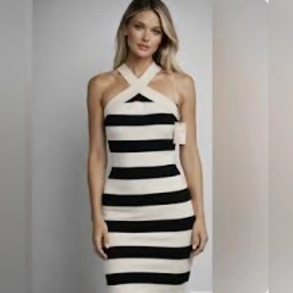 BNWT Striped Black and White Cross Strap Knit Mini Dress - Picture 4 of 13